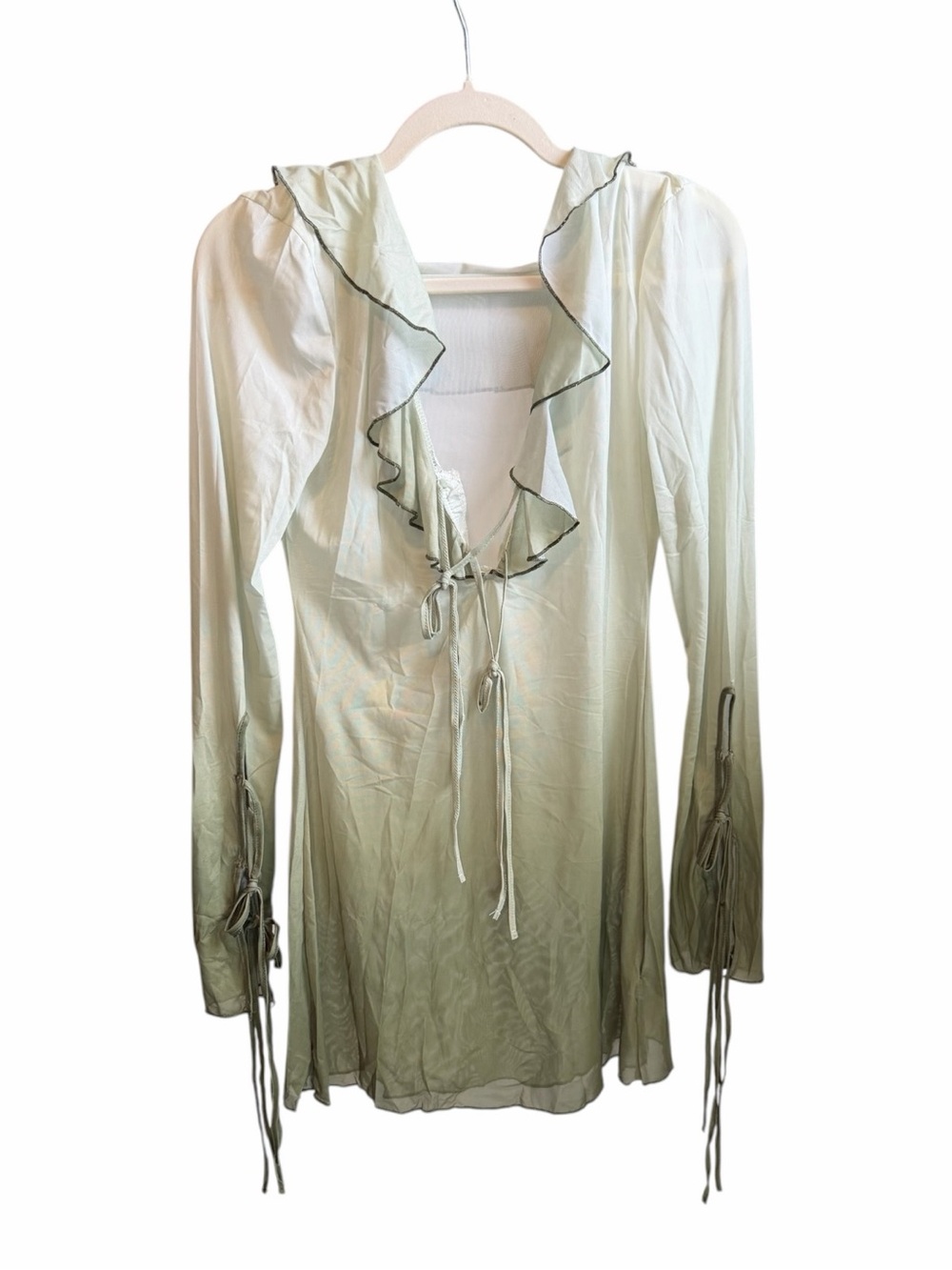 Sage Tie-Front Ruffle Long-Sleeve Dress